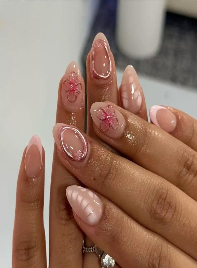CTTHNBD Short Press on Nails Almond Fake Nails with 3D Flower Design Glue on Nails French Tip Gold Circle Glossy Full Cover Stick on Nails Elegant Acrylic Nails for Women 24 Pcs - Image 1
